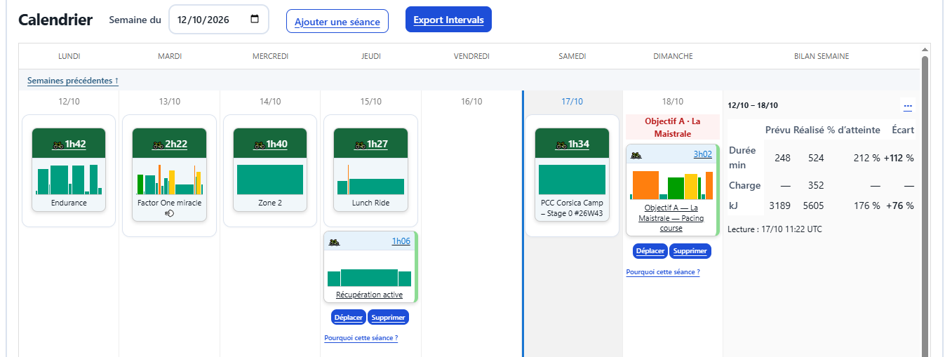 Calendrier CoachAurel : séances de la semaine et accès à l’export Intervals
